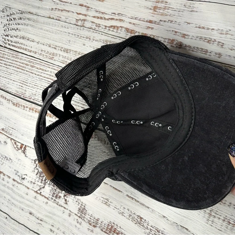 NWOT CC HAT PONY TAIL CRISS CROSS GRAY LEOPARD CHEETAH PRINT BASEBALL CAP BLACK - Picture 8 of 9